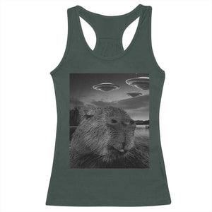 Funny Graphic Capybara Selfie with UFOs Weird Racerback Tank Top TS10 Dark Forest Green Print Your Wear