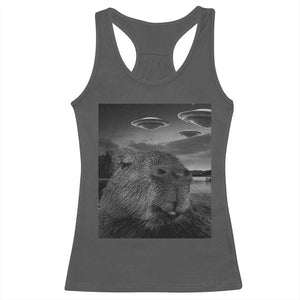 Funny Graphic Capybara Selfie with UFOs Weird Racerback Tank Top TS10 Dark Heather Print Your Wear