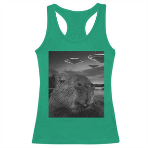 Funny Graphic Capybara Selfie with UFOs Weird Racerback Tank Top TS10 Irish Green Print Your Wear
