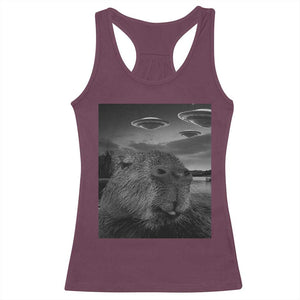 Funny Graphic Capybara Selfie with UFOs Weird Racerback Tank Top TS10 Maroon Print Your Wear