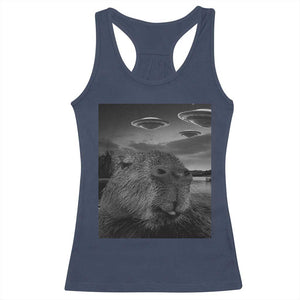 Funny Graphic Capybara Selfie with UFOs Weird Racerback Tank Top TS10 Navy Print Your Wear