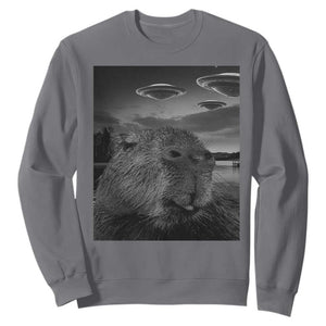 Funny Graphic Capybara Selfie with UFOs Weird Sweatshirt TS10 Charcoal Print Your Wear