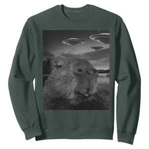 Funny Graphic Capybara Selfie with UFOs Weird Sweatshirt TS10 Dark Forest Green Print Your Wear