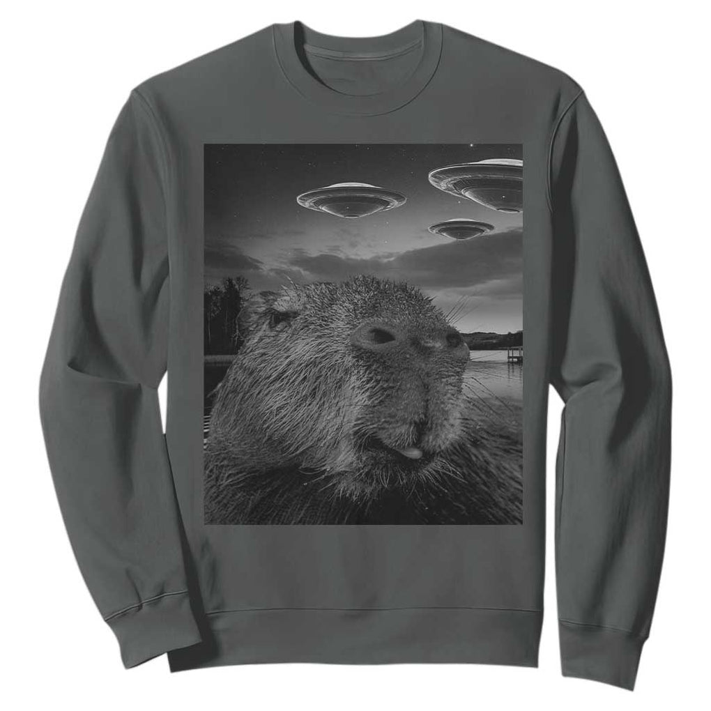 Funny Graphic Capybara Selfie with UFOs Weird Sweatshirt TS10 Dark Heather Print Your Wear
