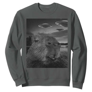 Funny Graphic Capybara Selfie with UFOs Weird Sweatshirt TS10 Dark Heather Print Your Wear