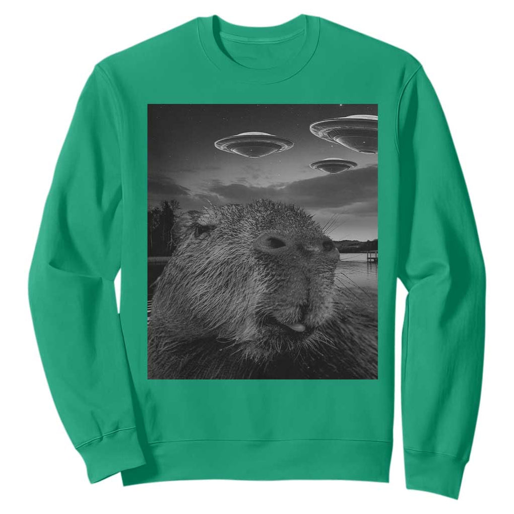 Funny Graphic Capybara Selfie with UFOs Weird Sweatshirt TS10 Irish Green Print Your Wear
