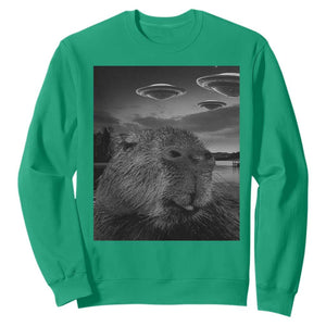 Funny Graphic Capybara Selfie with UFOs Weird Sweatshirt TS10 Irish Green Print Your Wear