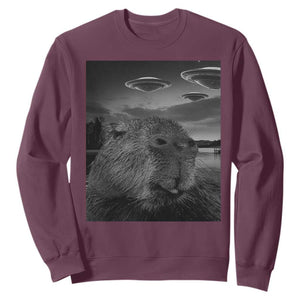 Funny Graphic Capybara Selfie with UFOs Weird Sweatshirt TS10 Maroon Print Your Wear