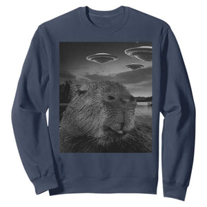 Funny Graphic Capybara Selfie with UFOs Weird Sweatshirt TS10 Navy Print Your Wear