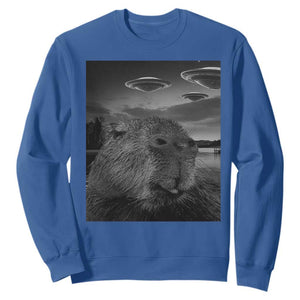 Funny Graphic Capybara Selfie with UFOs Weird Sweatshirt TS10 Royal Blue Print Your Wear