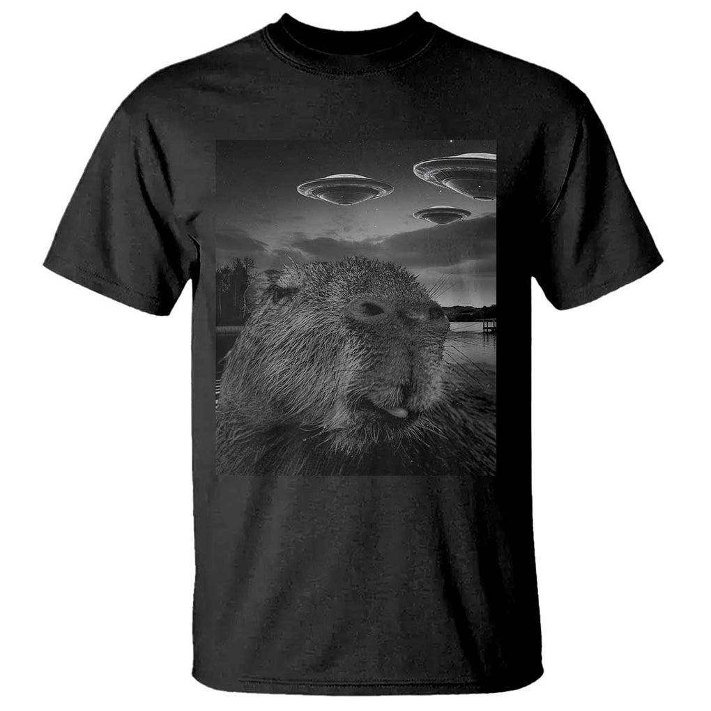 Funny Graphic Capybara Selfie with UFOs Weird T Shirt TS10 Black Print Your Wear