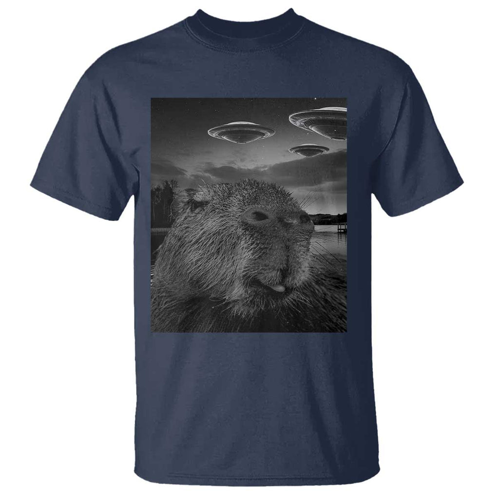Funny Graphic Capybara Selfie with UFOs Weird T Shirt TS10 Navy Print Your Wear