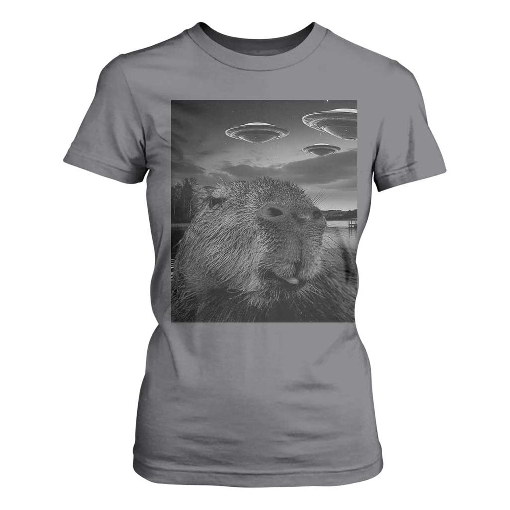 Funny Graphic Capybara Selfie with UFOs Weird T Shirt For Women TS10 Charcoal Print Your Wear