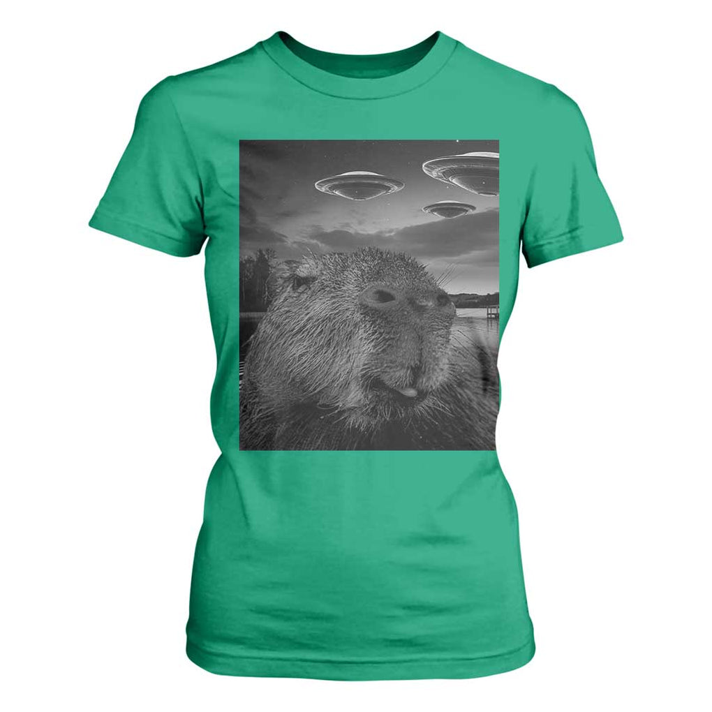 Funny Graphic Capybara Selfie with UFOs Weird T Shirt For Women TS10 Irish Green Print Your Wear