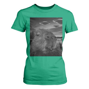 Funny Graphic Capybara Selfie with UFOs Weird T Shirt For Women TS10 Irish Green Print Your Wear