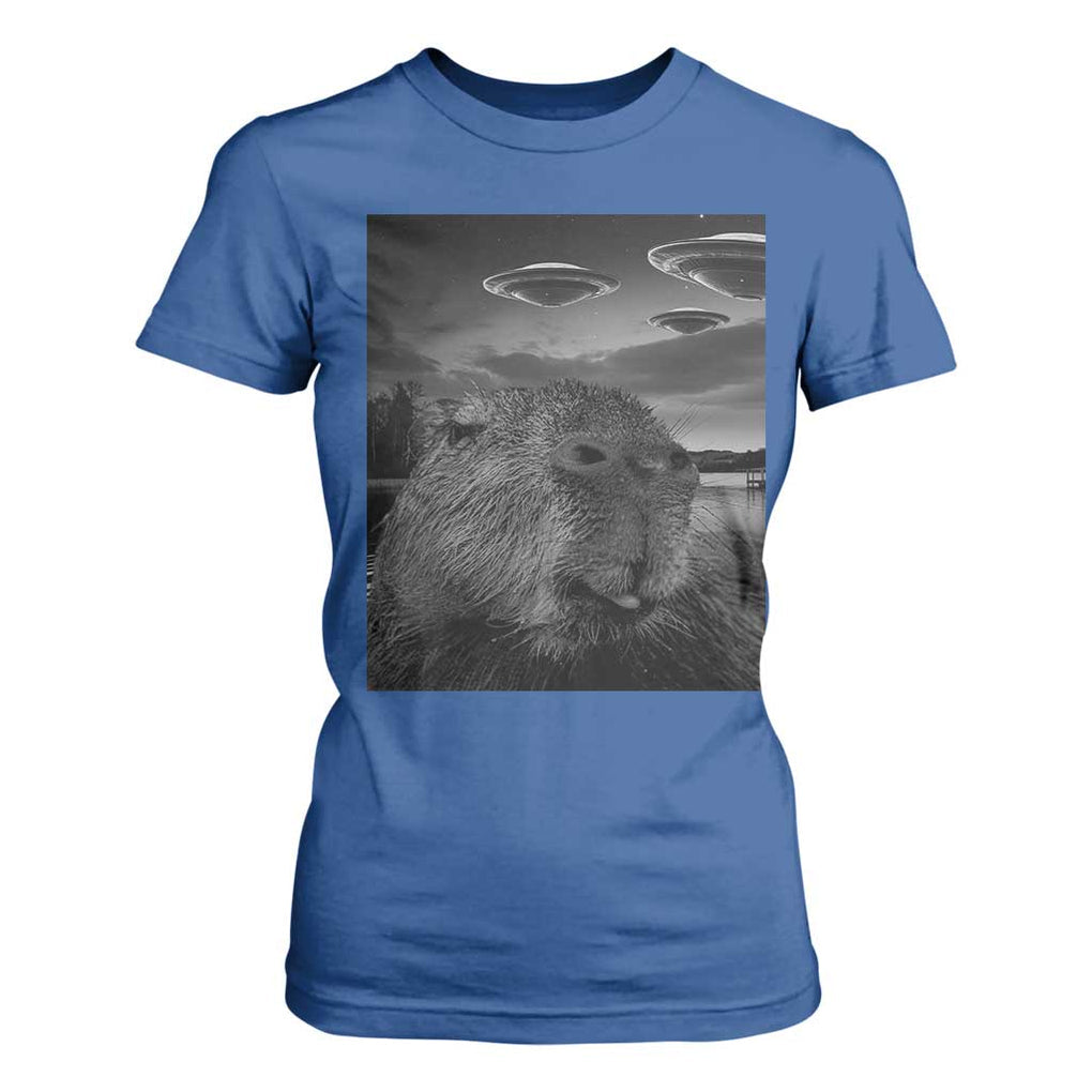 Funny Graphic Capybara Selfie with UFOs Weird T Shirt For Women TS10 Royal Blue Print Your Wear