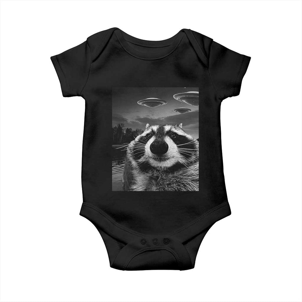 Funny Graphic Racoon Selfie with UFOs Weird Baby Onesie TS10 Black Print Your Wear