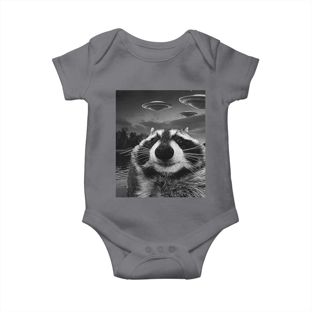 Funny Graphic Racoon Selfie with UFOs Weird Baby Onesie TS10 Charcoal Print Your Wear