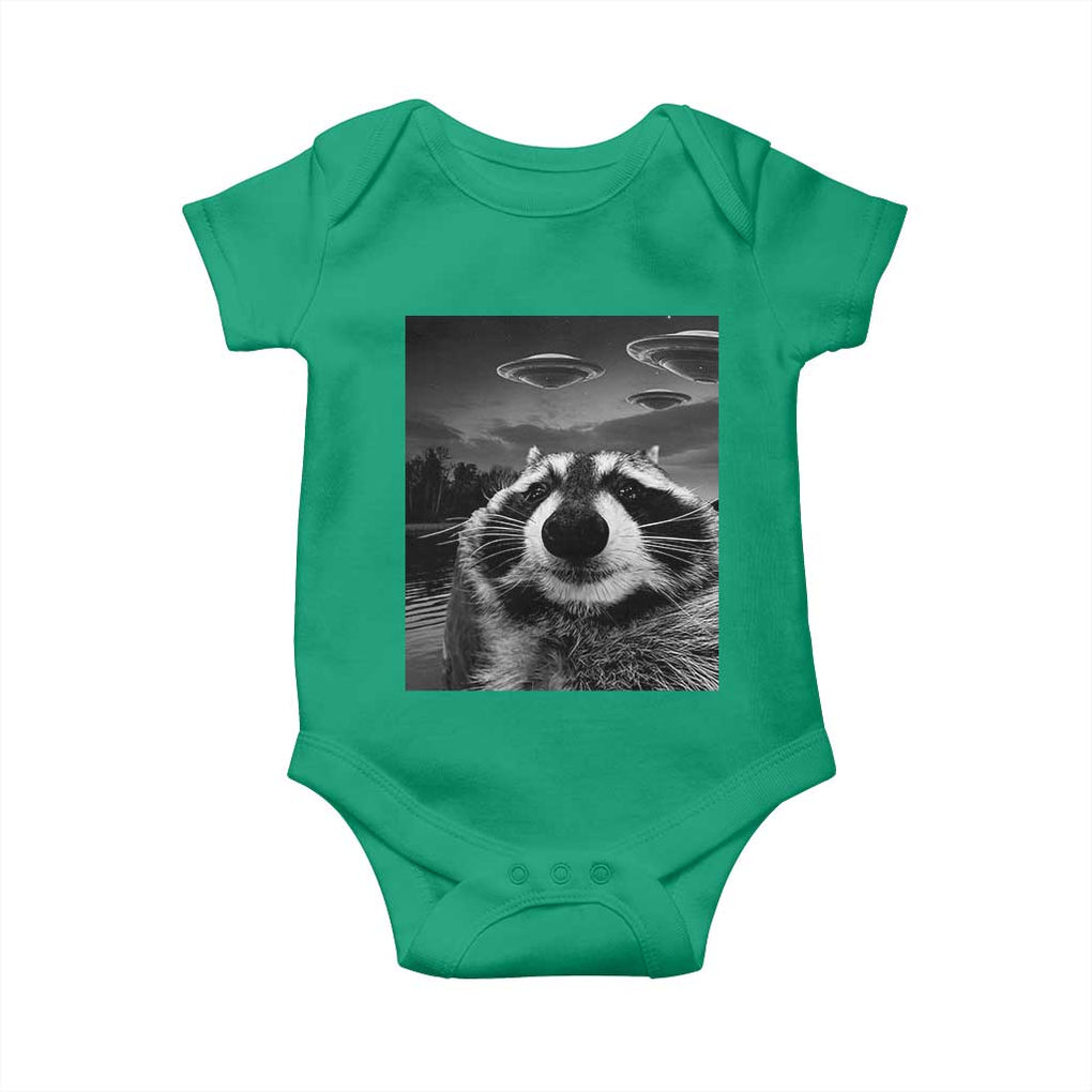 Funny Graphic Racoon Selfie with UFOs Weird Baby Onesie TS10 Irish Green Print Your Wear