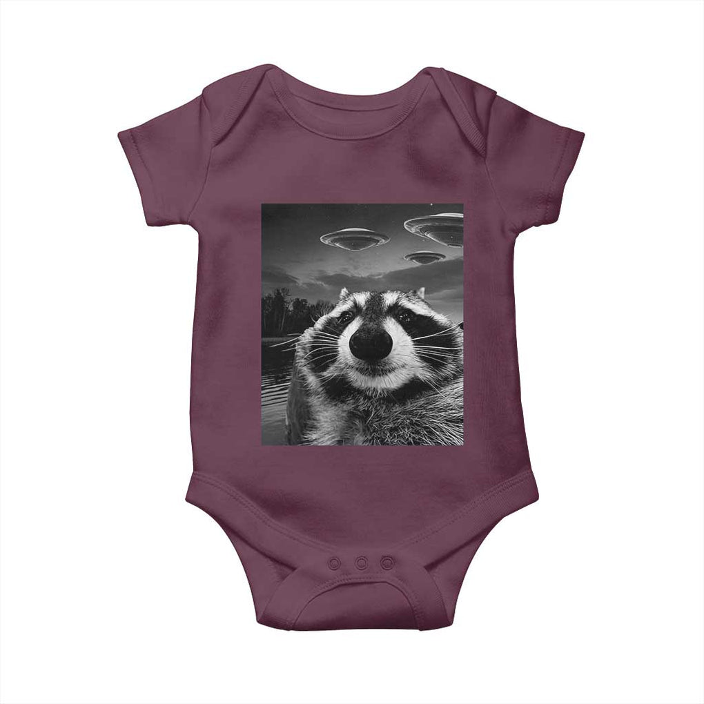 Funny Graphic Racoon Selfie with UFOs Weird Baby Onesie TS10 Maroon Print Your Wear