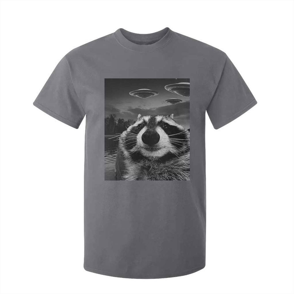 Funny Graphic Racoon Selfie with UFOs Weird T Shirt For Kid TS10 Charcoal Print Your Wear