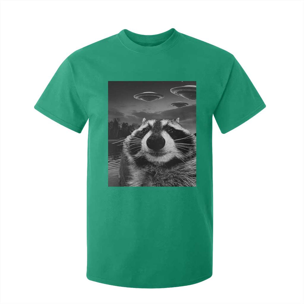 Funny Graphic Racoon Selfie with UFOs Weird T Shirt For Kid TS10 Irish Green Print Your Wear