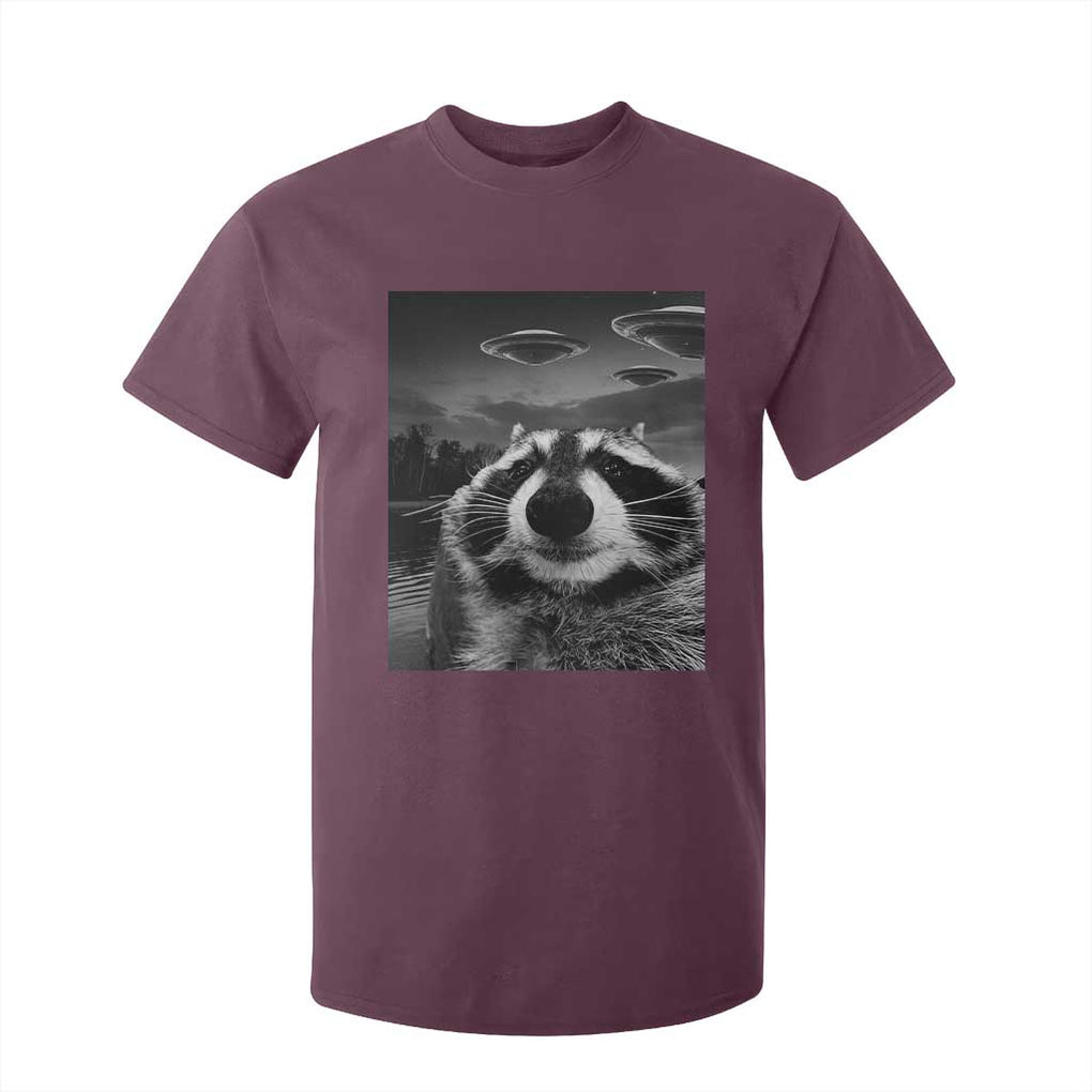 Funny Graphic Racoon Selfie with UFOs Weird T Shirt For Kid TS10 Maroon Print Your Wear
