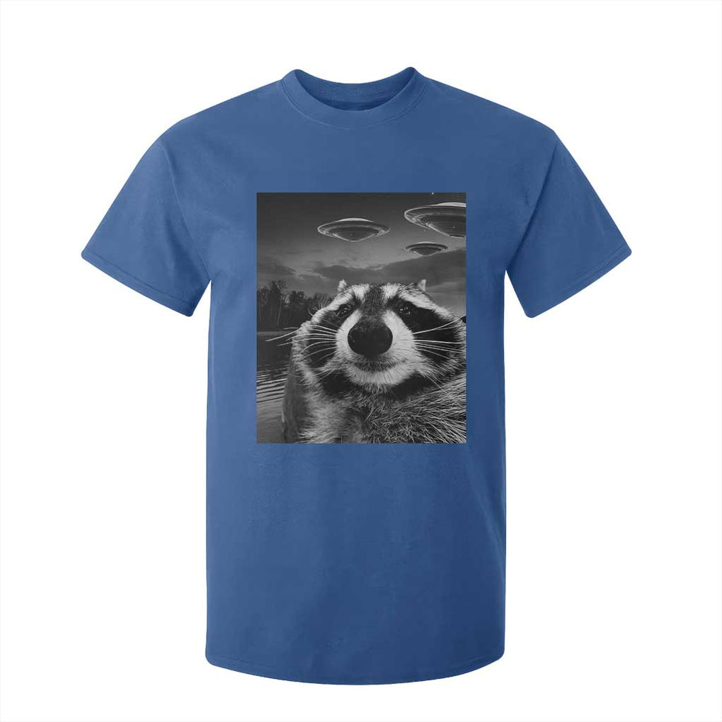 Funny Graphic Racoon Selfie with UFOs Weird T Shirt For Kid TS10 Royal Blue Print Your Wear