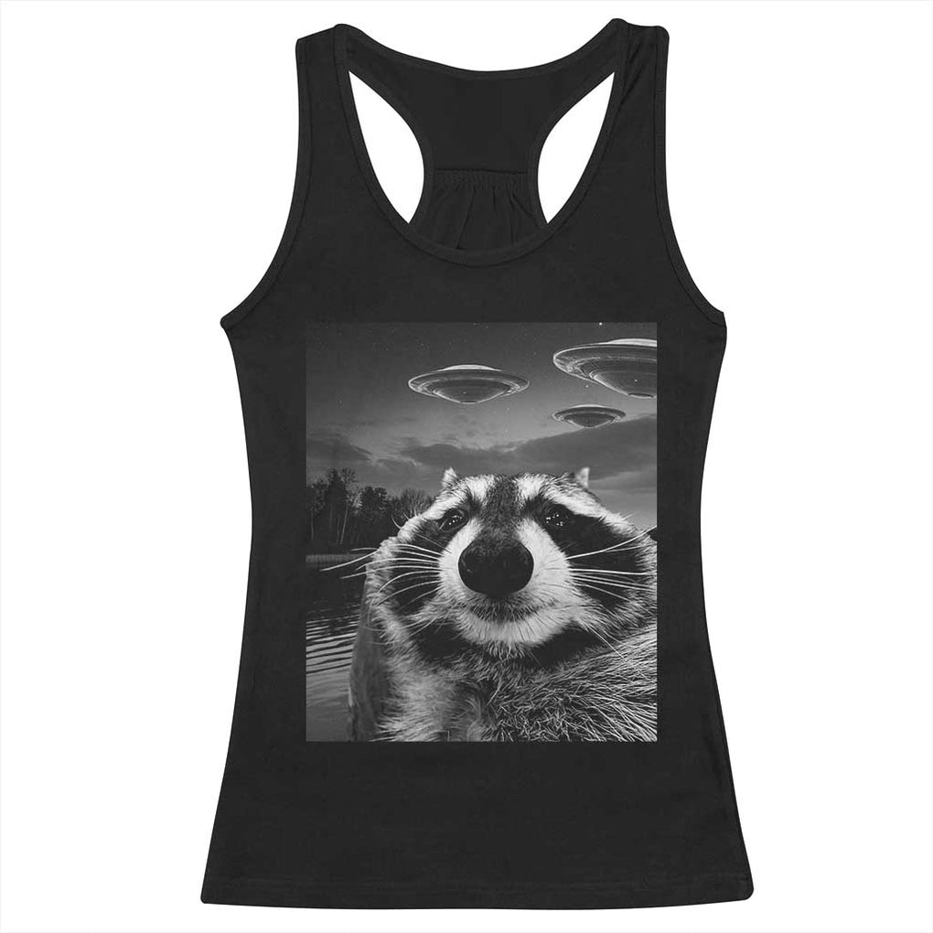 Funny Graphic Racoon Selfie with UFOs Weird Racerback Tank Top TS10 Black Print Your Wear