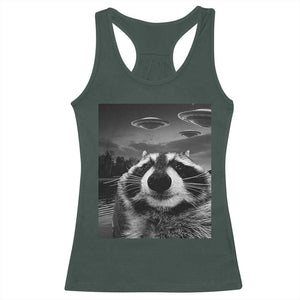 Funny Graphic Racoon Selfie with UFOs Weird Racerback Tank Top TS10 Dark Forest Green Print Your Wear