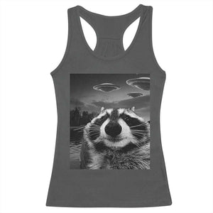 Funny Graphic Racoon Selfie with UFOs Weird Racerback Tank Top TS10 Dark Heather Print Your Wear