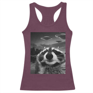 Funny Graphic Racoon Selfie with UFOs Weird Racerback Tank Top TS10 Maroon Print Your Wear