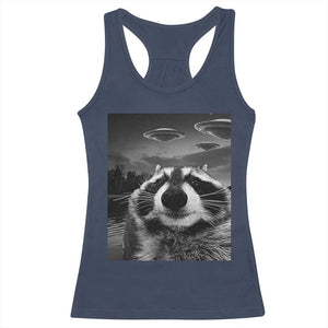 Funny Graphic Racoon Selfie with UFOs Weird Racerback Tank Top TS10 Navy Print Your Wear
