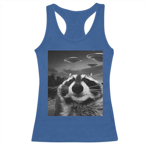 Funny Graphic Racoon Selfie with UFOs Weird Racerback Tank Top TS10 Royal Blue Print Your Wear
