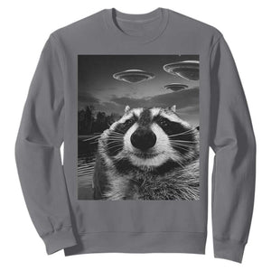 Funny Graphic Racoon Selfie with UFOs Weird Sweatshirt TS10 Charcoal Print Your Wear