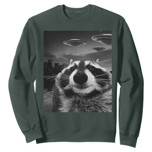Funny Graphic Racoon Selfie with UFOs Weird Sweatshirt TS10 Dark Forest Green Print Your Wear