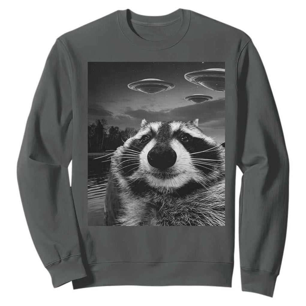 Funny Graphic Racoon Selfie with UFOs Weird Sweatshirt TS10 Dark Heather Print Your Wear
