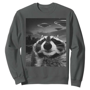 Funny Graphic Racoon Selfie with UFOs Weird Sweatshirt TS10 Dark Heather Print Your Wear
