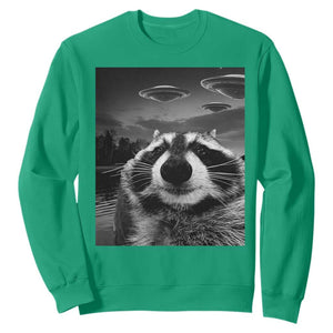 Funny Graphic Racoon Selfie with UFOs Weird Sweatshirt TS10 Irish Green Print Your Wear