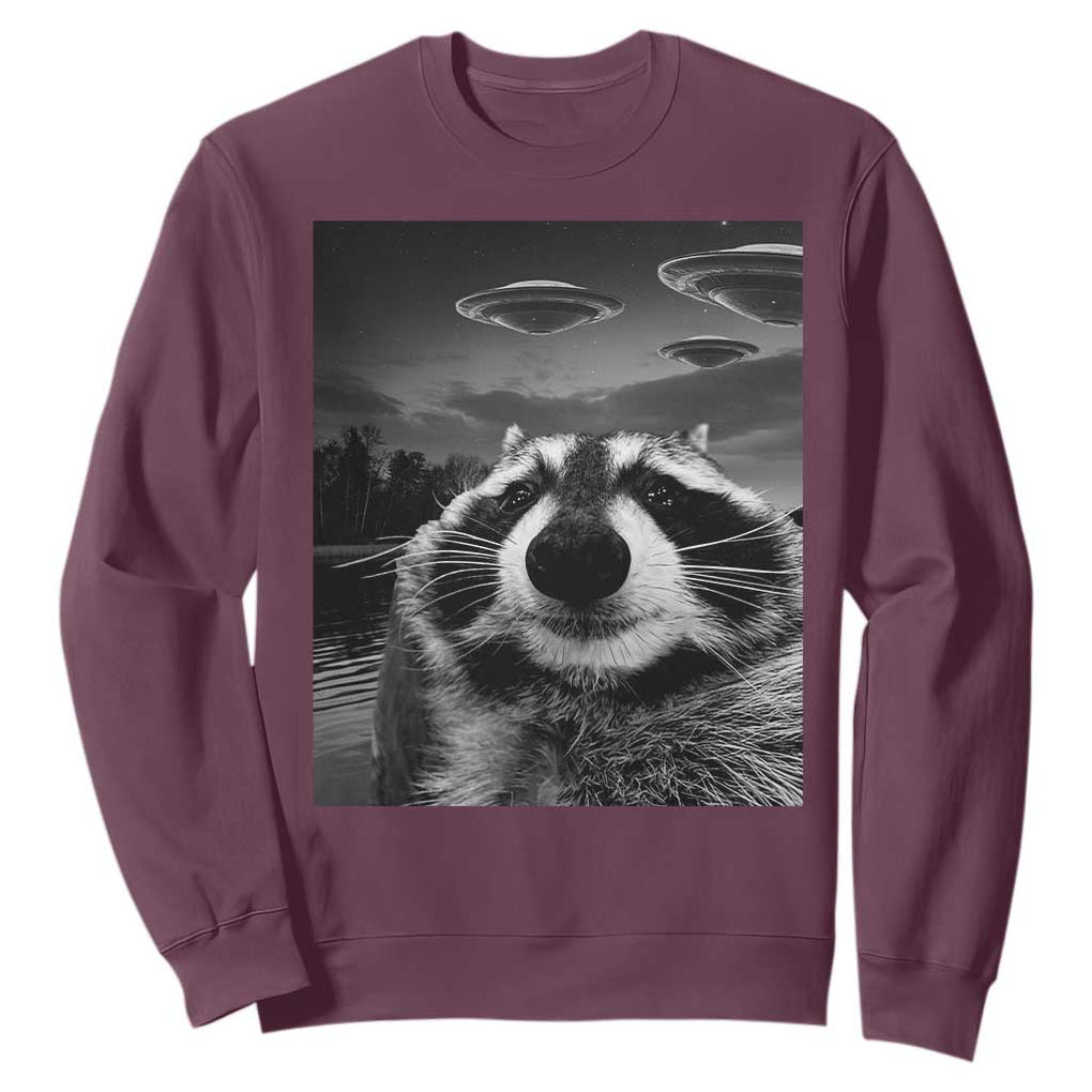 Funny Graphic Racoon Selfie with UFOs Weird Sweatshirt TS10 Maroon Print Your Wear