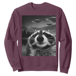 Funny Graphic Racoon Selfie with UFOs Weird Sweatshirt TS10 Maroon Print Your Wear