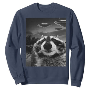 Funny Graphic Racoon Selfie with UFOs Weird Sweatshirt TS10 Navy Print Your Wear