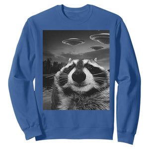Funny Graphic Racoon Selfie with UFOs Weird Sweatshirt TS10 Royal Blue Print Your Wear