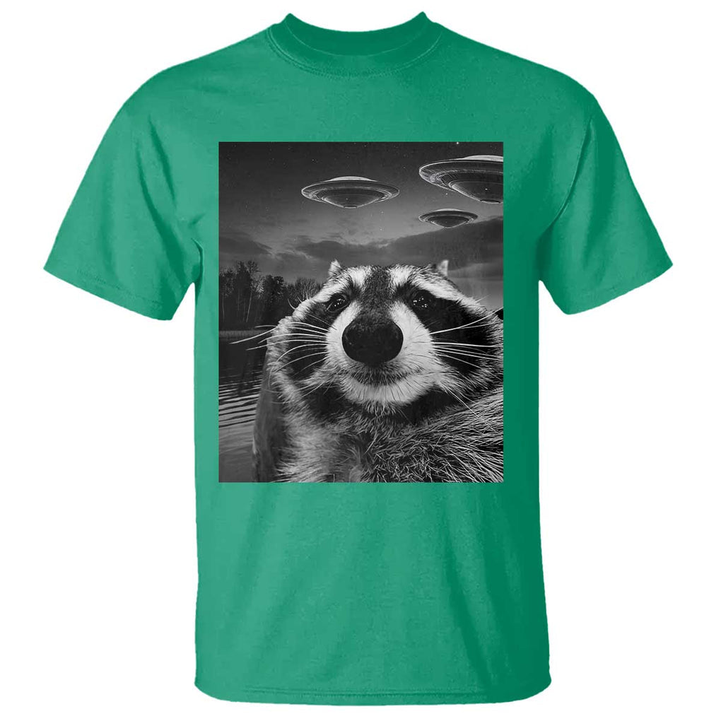 Funny Graphic Racoon Selfie with UFOs Weird T Shirt TS10 Irish Green Print Your Wear