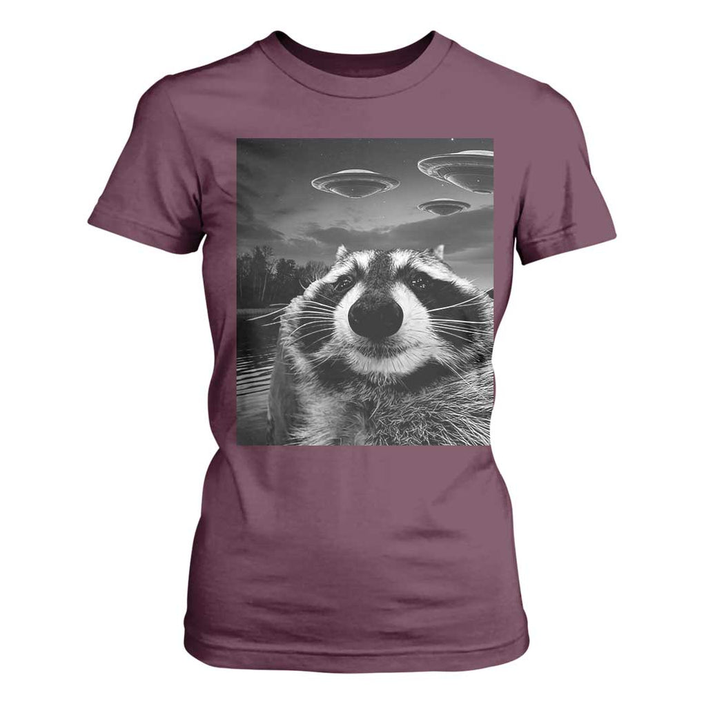 Funny Graphic Racoon Selfie with UFOs Weird T Shirt For Women TS10 Maroon Print Your Wear