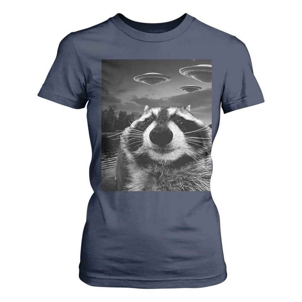 Funny Graphic Racoon Selfie with UFOs Weird T Shirt For Women TS10 Navy Print Your Wear