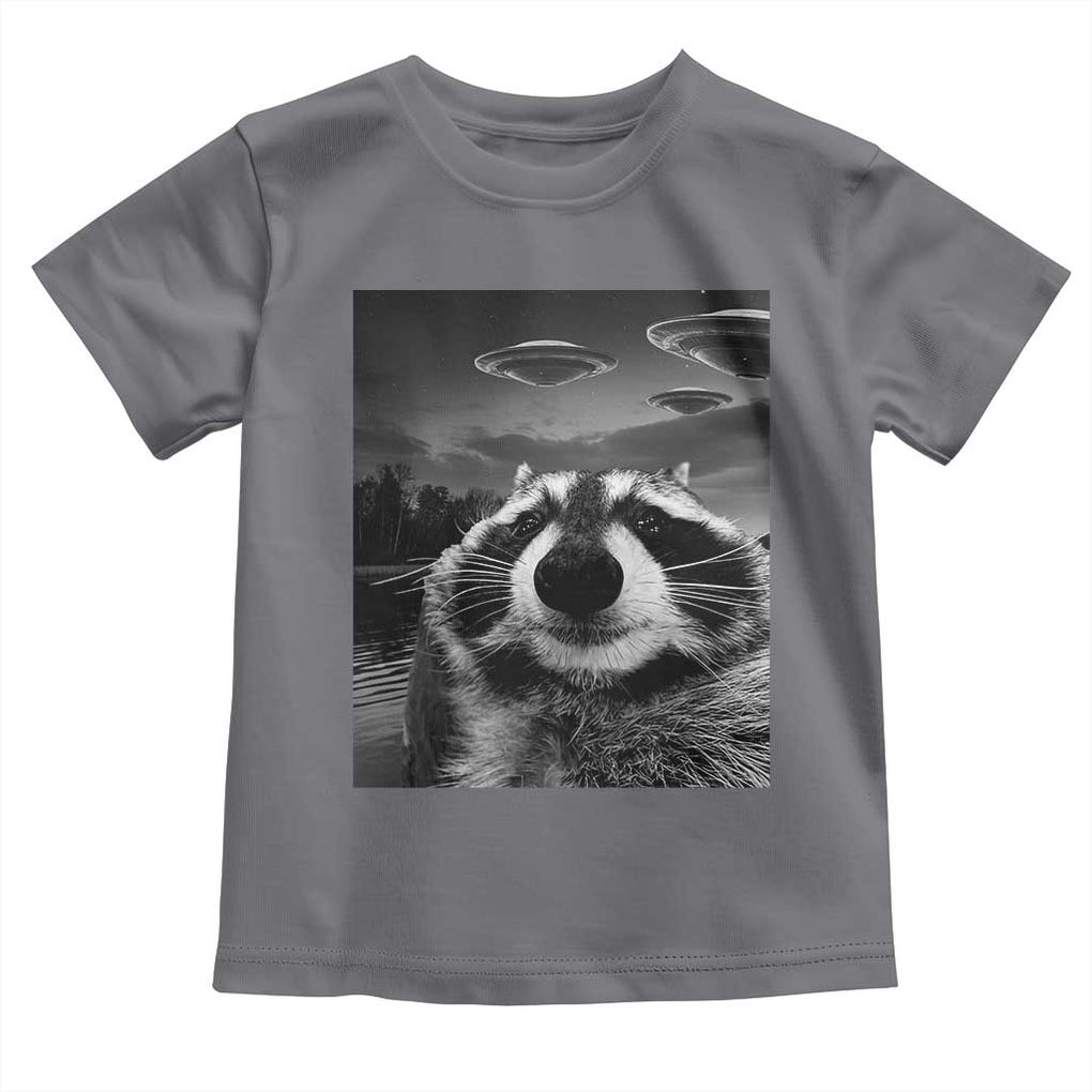 Funny Graphic Racoon Selfie with UFOs Weird Toddler T Shirt TS10 Charcoal Print Your Wear