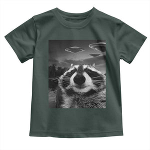 Funny Graphic Racoon Selfie with UFOs Weird Toddler T Shirt TS10 Dark Forest Green Print Your Wear