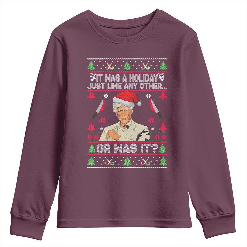 True Crime Ugly Christmas Youth Sweatshirt Funny Holiday Xmas Party TS10 Maroon Print Your Wear