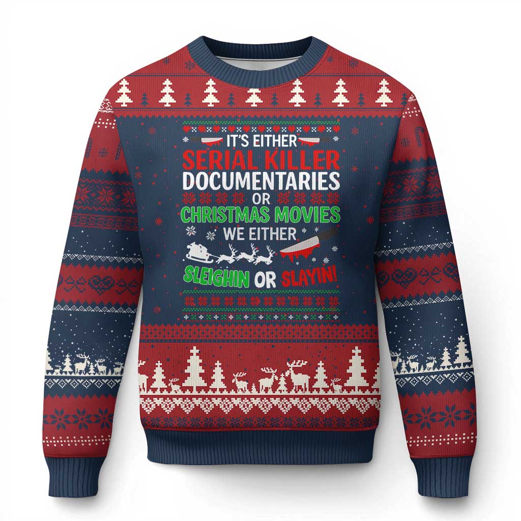 Crime Documentaries Ugly Xmas Ugly Christmas Sweater Funny Horror Xmas Slaying Or Sleighing TS10 Navy Red Print Your Wear